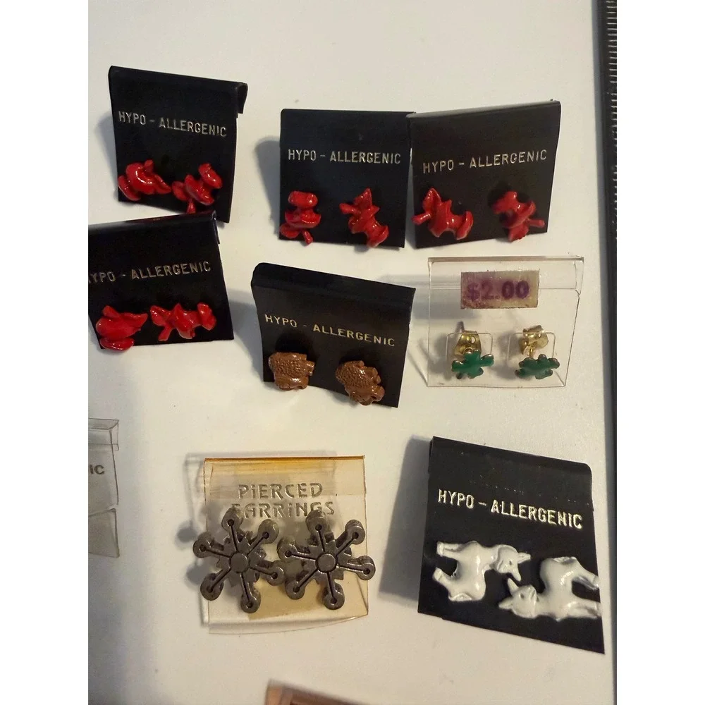 Vintage Deadstock Earring Lot Hypoallergenic Studs Enamel Hoops Animals 11 Pairs